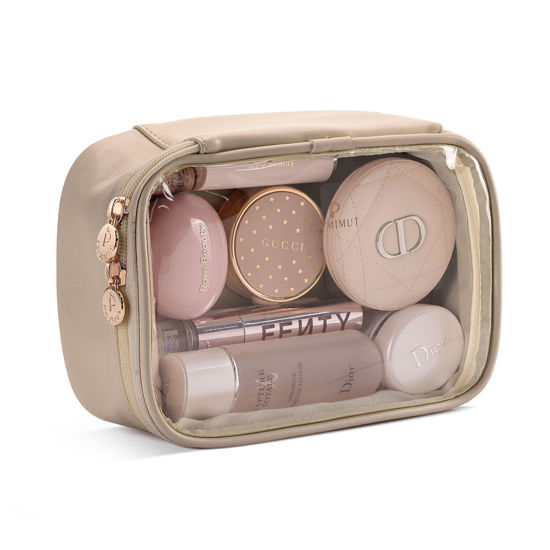Picture of Pocmimut Makeup Bag,PU Leather Clear Makeup Bag Travel Makeup Bag Car Essentials for Women,Travel Essentials Cosmetic Bag Organizers(Apricot)