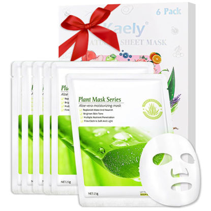 Picture of Kaely 6 Pack Aloe Vera Sheet Masks,Hydrating Smoothing Face Masks for Women Men,Facial Mask Skin Care Korean,Moisturize,Brighten,Nourish for All Skin Types,Birthday Christmas Gifts,Set09