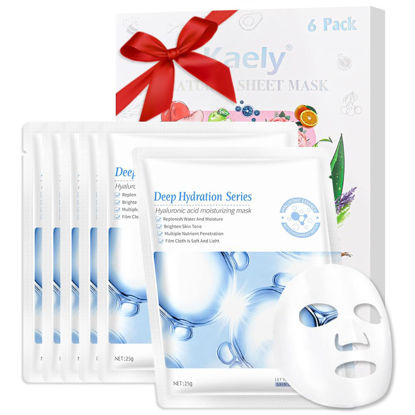 Picture of Kaely 6 Pack Hyaluronic Acid Sheet Masks,Hydrating Smoothing Face Masks for Women Men,Facial Mask Skin Care Korean,Moisturize,Brighten,Nourish for All Skin Types,Birthday Christmas Gifts,Set08
