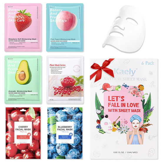Picture of Kaely 6 Pack Variety Sheet Masks,Spa Party Face Masks for Kids Skin Care Set,Facial Mask Skincare Korean,Moisturize,Brighten,Nourish for All Skin Types,Birthday Gifts for Women Men Girls,Set05
