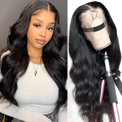 Picture of 13x4 Body Wave Lace Front Wigs Human Hair Wigs for Black Women Glueless Lace Frontal Wigs Brazilian Virgin Human Hair Pre Plucked Bleached Knots Natural Color Wet and Wavy (30 Inch, Body Wave Wigs)