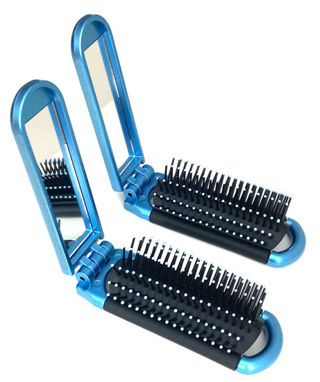 Picture of ALAZCO Folding Hair Brush With Mirror Compact Pocket Size Travel Car Gym Bag Purse Locker Swimming Camping Sleepover Gift and more (2 Blue)