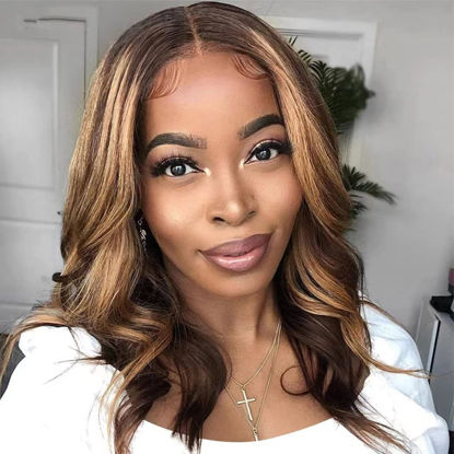 Picture of litmisr Highlight Body Wave Lace Front Wig Human Hair 14 Inch 180% Density Ombre Lace Front Wig Human Hair Pre Plucked 13x4 Colored 4/27 Honey Blonde Lace Frontal Wigs with Baby Hair for Women