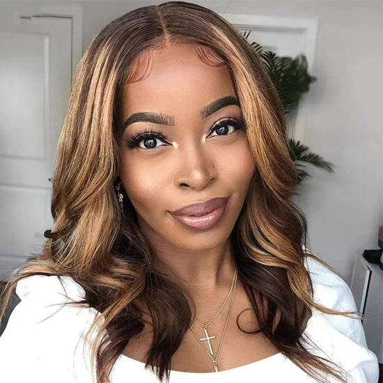 Picture of litmisr Highlight Body Wave Lace Front Wig Human Hair 14 Inch 180% Density Ombre Lace Front Wig Human Hair Pre Plucked 13x4 Colored 4/27 Honey Blonde Lace Frontal Wigs with Baby Hair for Women