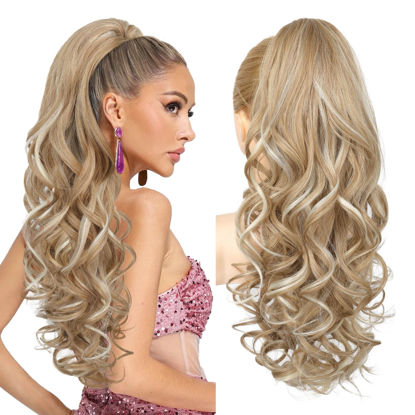 Picture of REECHO Ponytail Extension, 24" Claw Clip in Long Curly Wavy Ponytail Hair Extension Jaw Clip on Pony Tails Hairpiece for Women - Honey Blonde with Highlights