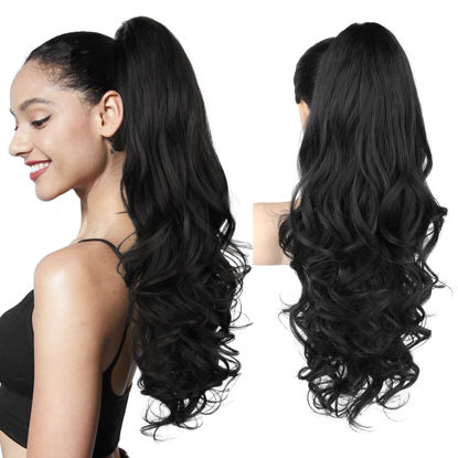 Picture of REECHO Ponytail Extension, 24" Claw Clip in Ponytail Extensions Long Curly Wavy Ponytail Hair Extension Jaw Clip on Pony Tails Hairpiece for Women - Natural Black