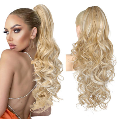 Picture of REECHO Ponytail Extension, 24" Claw Clip in Long Curly Wavy Ponytail Hair Extension Jaw Clip on Pony Tails Hairpiece for Women - Medium Blonde with Highlights