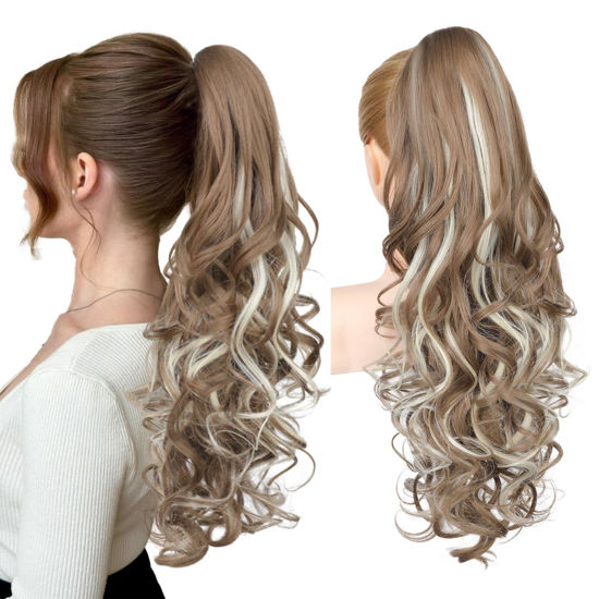 Picture of REECHO Ponytail Extension, 24" Claw Clip in Long Curly Wavy Ponytail Hair Extension Jaw Clip on Pony Tails Hairpiece for Women - Ash Brown with Platinum Highlights