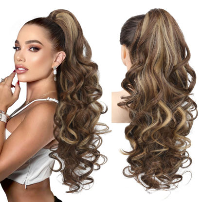 Picture of REECHO Ponytail Extension, 24" Claw Clip in Long Curly Wavy Ponytail Hair Extension Jaw Clip on Pony Tails Hairpiece for Women - Chestnut Brown with Golden Highlights