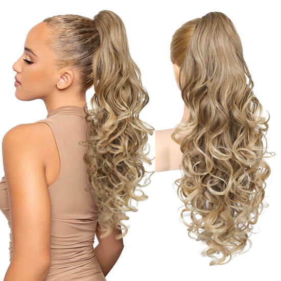 Picture of REECHO Ponytail Extension, 24" Claw Clip in Long Curly Wavy Ponytail Hair Extension Jaw Clip on Pony Tails Hairpiece for Women - Glazed Mocha to Blonde