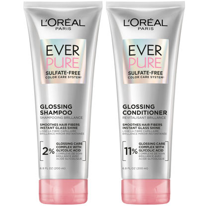 Picture of L'Oreal Paris Glossing Sulfate Free Shampoo and Conditioner Set with Glycolic Acid, Hair Care for Lasting Shine and Smoothness for Dull, Dry Hair, EverPure, 1 Kit