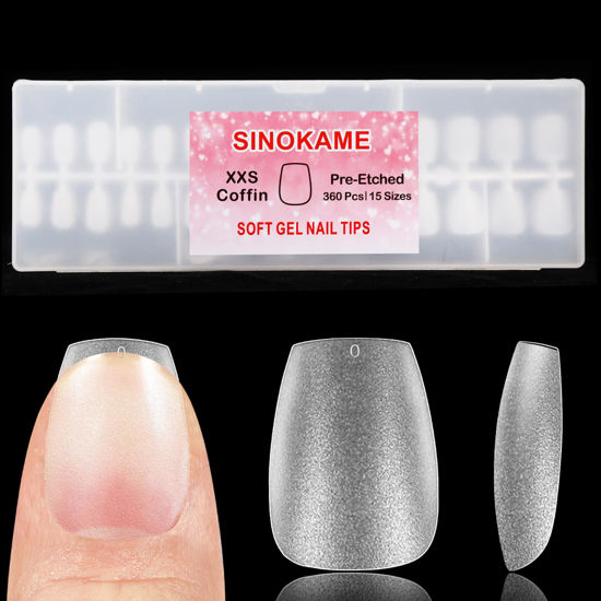 Picture of SINOKAME Extra Extra Short Coffin Nail Tips, No File Matte XXS Coffin Soft Gel Fake Nails Full Cover, Petite Nails for Small Regular Nail Beds,Clear Fake Acrylic Nails for Extension,15 Sizes 360Pcs