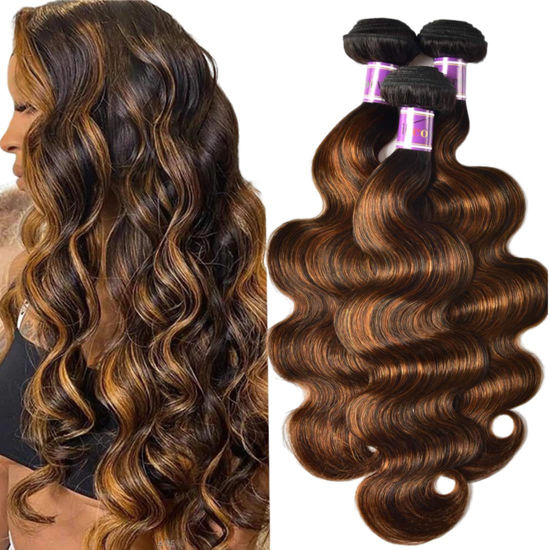 Picture of UNice Brown Highlight Body Wave Human Hair Weave 3 Bundles 10 12 14 inch, Brazilian Remy Hair Ombre Blonde Human Hair Wavy Weaves Sew in Piano Color TFB30