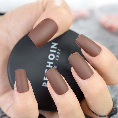 Picture of Coolnail Matte Coffee Brown Square Head False Nails Middle-long Full Cover Chocolate Fake Nail Acrylic Nail Tips Finger Art