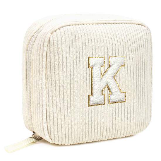 Picture of Cute Makeup Bag for Women - Monogram Personalized Initial Makeup Bags Cosmetic Pouch Make Up Case for Women Her Best Friend Friendship Sister Teacher, Birthday Gifts for Women (Letter K, Beige)