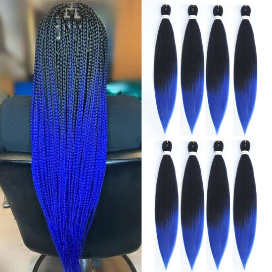 Picture of Pre Stretched Braiding Hair 26 Inch 8 Packs Professional Soft Yaki braiding Hair For Braids Hot Water Setting Synthetic Crochet Hair Extensions (26 Inch (Pack of 8), 1B/Blue)