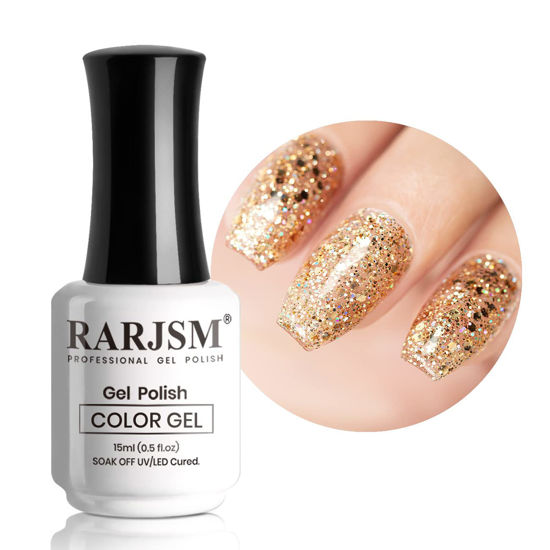 Picture of RARJSM Champagne Gold Glitter Gel Nail Polish Sparkly Iridescent Rainbow Shimmer Holographic Gel Polish Soak off Led UV Curing Required High Pigments Gel for Home Salon Manicure Nail Art 15ml