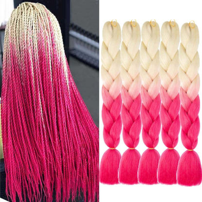 Picture of AIDUSA Ombre Braiding Hair Blonde to Pink 5Pcs Synthetic Afro Jumbo Braiding Hair Extensions 24 Inch 2 Tones for Women Twist Crochet Braids 100g (#B48 Blonde to Pink)