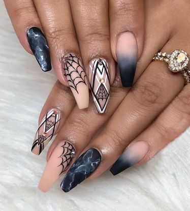 Picture of Vaveah 24 Pcs Halloween Press on Nails Spider Web, Coffin Fake Nails with Nail Glue, Glue on Nails False Nails for Women (Set 4)