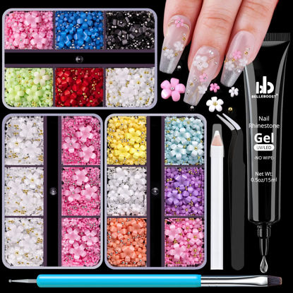 Picture of 3D Flowers, Manicure Kit with Nail Rhinestone Glue Gel, Colorful Acrylic Flower Nail Charms with Caviar Beads, Rhinestones for Nails & Gem Glue for Nails (UV/LED Needed) with Dotting & Pickup Tools