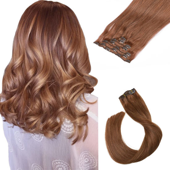 Picture of Clip in Hair Extensions Real Human Hair,Medium Auburn Brown Real Hair Extensions Clip ins, Hair Extensions Clip in Human Hair, 22Inch 7 Pcs 70G Double Weft Straight Remy Human Hair Extensions Clip on