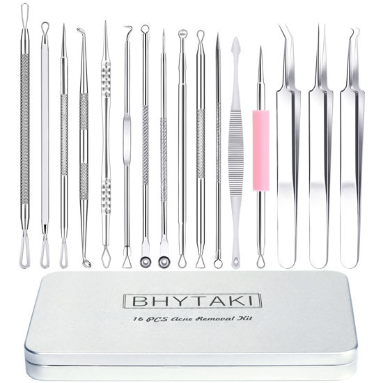 Picture of Blackhead Remover Tools, 2024 Latest 16 PCS Pimple Popper Tool Kit, Acne Blackhead Tools for Blemish, 410 Premium Professional Stainless Acne Pimple Extractor Tool with Metal Box