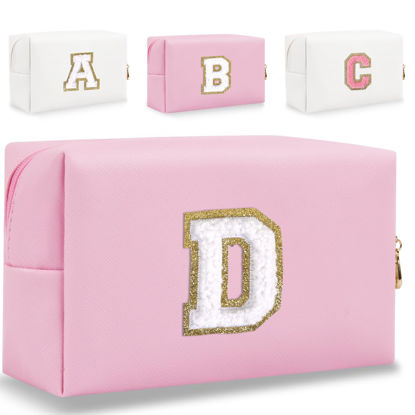 Picture of HENGNI Small Personalized Letter Makeup Bag, Cute PU Leather Chenille Letters Cosmetic Bag Travel Makeup Bag, Preppy Makeup Pouch Travel Organizer Zipper Pouch Organizer for Women and Girls(Pink-D)