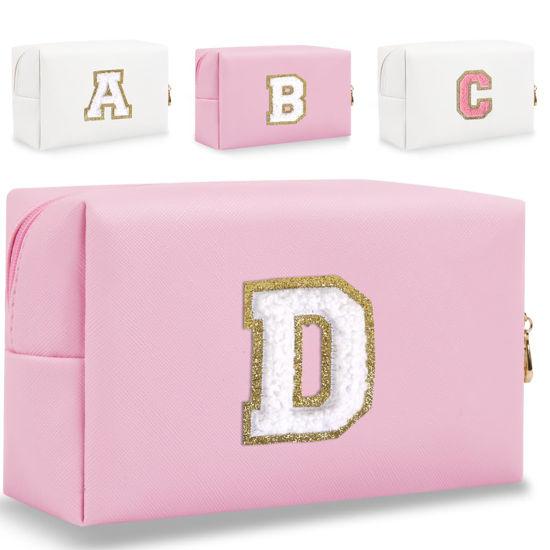 Picture of HENGNI Small Personalized Letter Makeup Bag, Cute PU Leather Chenille Letters Cosmetic Bag Travel Makeup Bag, Preppy Makeup Pouch Travel Organizer Zipper Pouch Organizer for Women and Girls(Pink-D)