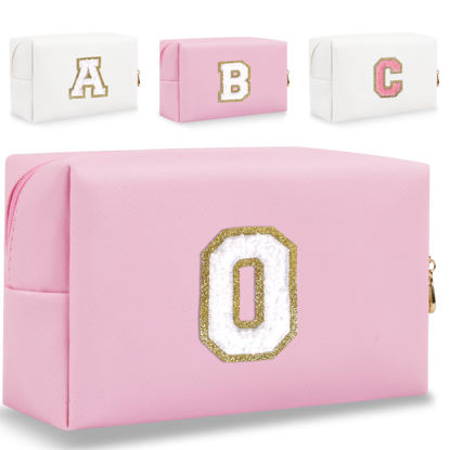 Picture of HENGNI Small Personalized Letter Makeup Bag, Cute PU Leather Chenille Letters Cosmetic Bag Travel Makeup Bag, Preppy Makeup Pouch Travel Organizer Zipper Pouch Organizer for Women and Girls(Pink-O)