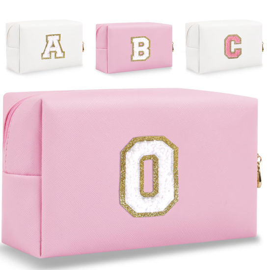 Picture of HENGNI Small Personalized Letter Makeup Bag, Cute PU Leather Chenille Letters Cosmetic Bag Travel Makeup Bag, Preppy Makeup Pouch Travel Organizer Zipper Pouch Organizer for Women and Girls(Pink-O)