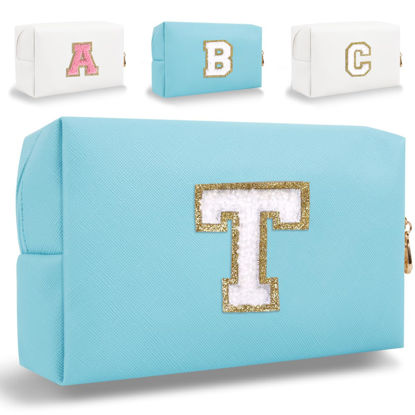 Picture of Small Personalized Initial Letter Makeup Bag, Cute Waterproof PU Leather Chenille Letter Cosmetic Bag Travel Makeup Bag, Preppy Makeup Pouch Toiletry Zipper Pouch Organizer for Women and Girls(Blue-T)