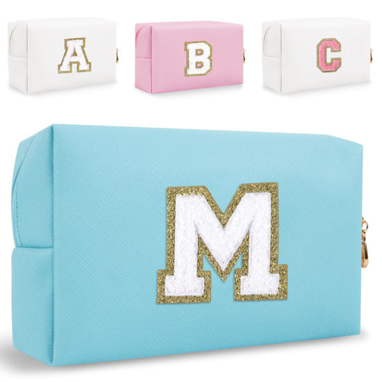 Picture of Small Personalized Initial Letter Makeup Bag, Cute Waterproof PU Leather Chenille Letter Cosmetic Bag Travel Makeup Bag, Preppy Makeup Pouch Toiletry Zipper Pouch Organizer for Women and Girls(Blue-M)