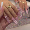 Picture of RUOKEXIN Long Square Press on Nails French Tip Fake Nails Pink False Nails with Bow Rhinestones Designs Long Square Nail Press ons Sparkly Glue on Nails Cute Stick on Nails for Women 24Pcs