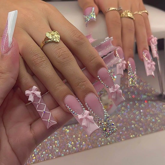Picture of RUOKEXIN Long Square Press on Nails French Tip Fake Nails Pink False Nails with Bow Rhinestones Designs Long Square Nail Press ons Sparkly Glue on Nails Cute Stick on Nails for Women 24Pcs