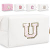 Picture of Glitter Initial Letter Makeup Bag, Small Personalized Sequins Letters PU Leather Cosmetic Bag Portable Waterproof Makeup Zipper Pouch, Shine Handbag Organizer Travel Bag Gifts for Women&Girls(White-U)