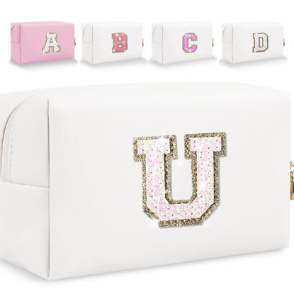 Picture of Glitter Initial Letter Makeup Bag, Small Personalized Sequins Letters PU Leather Cosmetic Bag Portable Waterproof Makeup Zipper Pouch, Shine Handbag Organizer Travel Bag Gifts for Women&Girls(White-U)