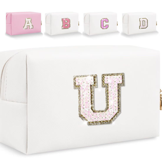 Picture of Glitter Initial Letter Makeup Bag, Small Personalized Sequins Letters PU Leather Cosmetic Bag Portable Waterproof Makeup Zipper Pouch, Shine Handbag Organizer Travel Bag Gifts for Women&Girls(White-U)