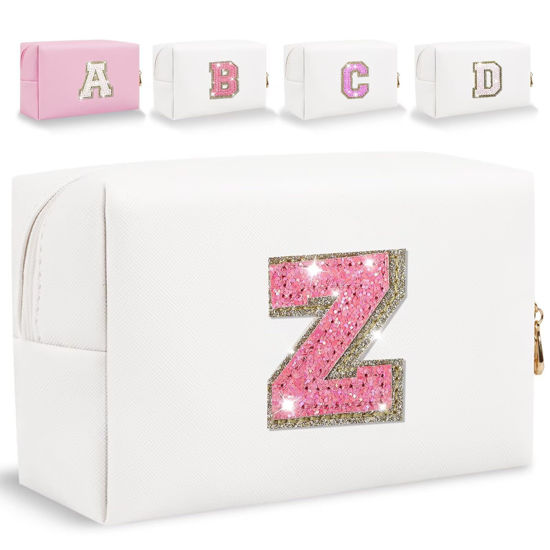 Picture of Glitter Initial Letter Makeup Bag, Small Personalized Sequins Letters PU Leather Cosmetic Bag Portable Waterproof Makeup Zipper Pouch, Shine Handbag Organizer Travel Bag Gifts for Women&Girls(White-Z)