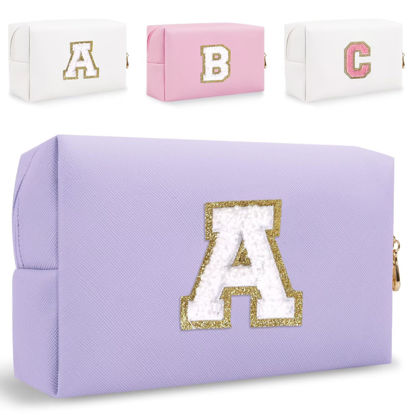 Picture of Small Personalized Initial Letter Makeup Bag, Cute Waterproof PU Leather Chenille Letter Cosmetic Bag Travel Makeup Bag, Preppy Makeup Pouch Toiletry Zipper Pouch Organizer for Women and Girls(PL-A）
