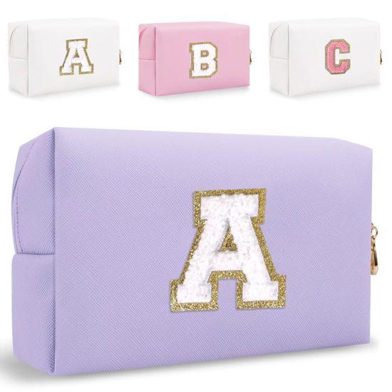 Picture of Small Personalized Initial Letter Makeup Bag, Cute Waterproof PU Leather Chenille Letter Cosmetic Bag Travel Makeup Bag, Preppy Makeup Pouch Toiletry Zipper Pouch Organizer for Women and Girls(PL-A）