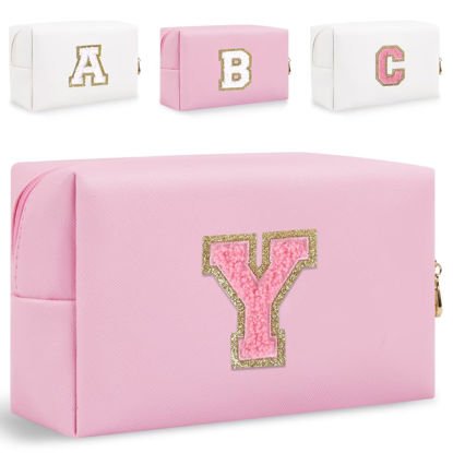 Picture of Small Personalized Initial Letter Makeup Bag, Cute Waterproof PU Leather Chenille Letter Cosmetic Bag Travel Makeup Bag, Preppy Makeup Pouch Toiletry Zipper Pouch Organizer for Women and Girls(Pink-Y