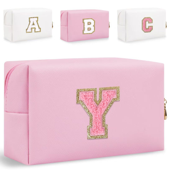 Picture of Small Personalized Initial Letter Makeup Bag, Cute Waterproof PU Leather Chenille Letter Cosmetic Bag Travel Makeup Bag, Preppy Makeup Pouch Toiletry Zipper Pouch Organizer for Women and Girls(Pink-Y