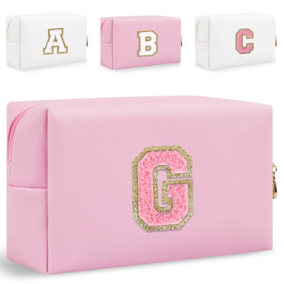 Picture of Small Personalized Initial Letter Makeup Bag, Cute Waterproof PU Leather Chenille Letter Cosmetic Bag Travel Makeup Bag, Preppy Makeup Pouch Toiletry Zipper Pouch Organizer for Women and Girls(Pink-G