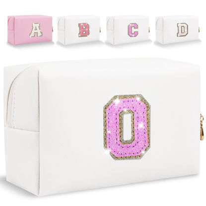 Picture of Glitter Initial Letter Makeup Bag, Small Personalized Sequins Letters PU Leather Cosmetic Bag Portable Waterproof Makeup Zipper Pouch, Shine Handbag Organizer Travel Bag Gifts for Women&Girls(White-O)