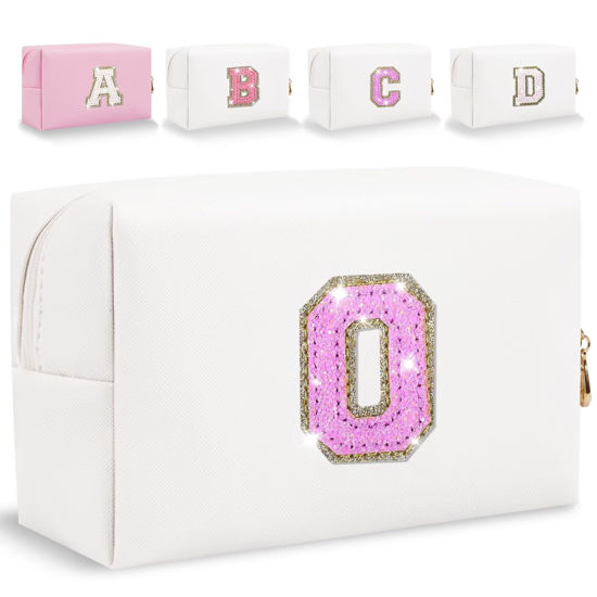 Picture of Glitter Initial Letter Makeup Bag, Small Personalized Sequins Letters PU Leather Cosmetic Bag Portable Waterproof Makeup Zipper Pouch, Shine Handbag Organizer Travel Bag Gifts for Women&Girls(White-O)