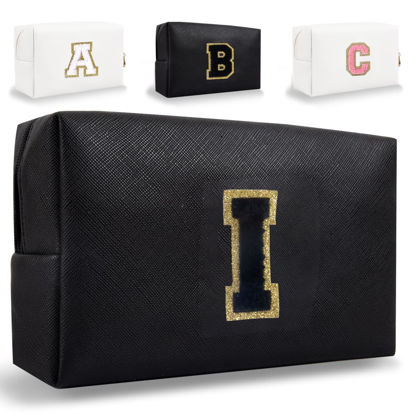 Picture of Small Personalized Initial Letter Makeup Bag, Cute Waterproof PU Leather Chenille Letter Cosmetic Bag Travel Makeup Bag, Preppy Makeup Pouch Toiletry Zipper Pouch Organizer for Women and Girls(Black-I