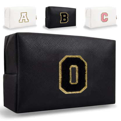 Picture of Small Personalized Initial Letter Makeup Bag, Cute Waterproof PU Leather Chenille Letter Cosmetic Bag Travel Makeup Bag, Preppy Makeup Pouch Toiletry Zipper Pouch Organizer for Women and Girls(Black-O