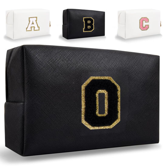 Picture of Small Personalized Initial Letter Makeup Bag, Cute Waterproof PU Leather Chenille Letter Cosmetic Bag Travel Makeup Bag, Preppy Makeup Pouch Toiletry Zipper Pouch Organizer for Women and Girls(Black-O