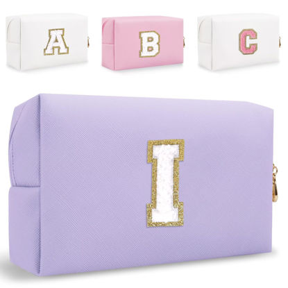 Picture of Small Personalized Initial Letter Makeup Bag, Cute Waterproof PU Leather Chenille Letter Cosmetic Bag Travel Makeup Bag, Preppy Makeup Pouch Toiletry Zipper Pouch Organizer for Women and Girls(PL-I