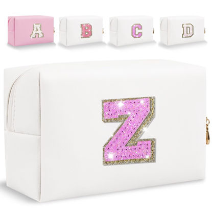 Picture of Glitter Initial Letter Makeup Bag, Small Personalized Sequins Letters PU Leather Cosmetic Bag Portable Waterproof Makeup Zipper Pouch, Shine Handbag Organizer Travel Bag Gifts for Women&Girls(White-Z)